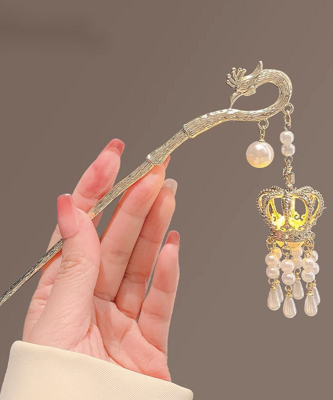 Boutique Gold Alloy Zircon Pearl Tassel Crown Hairpin