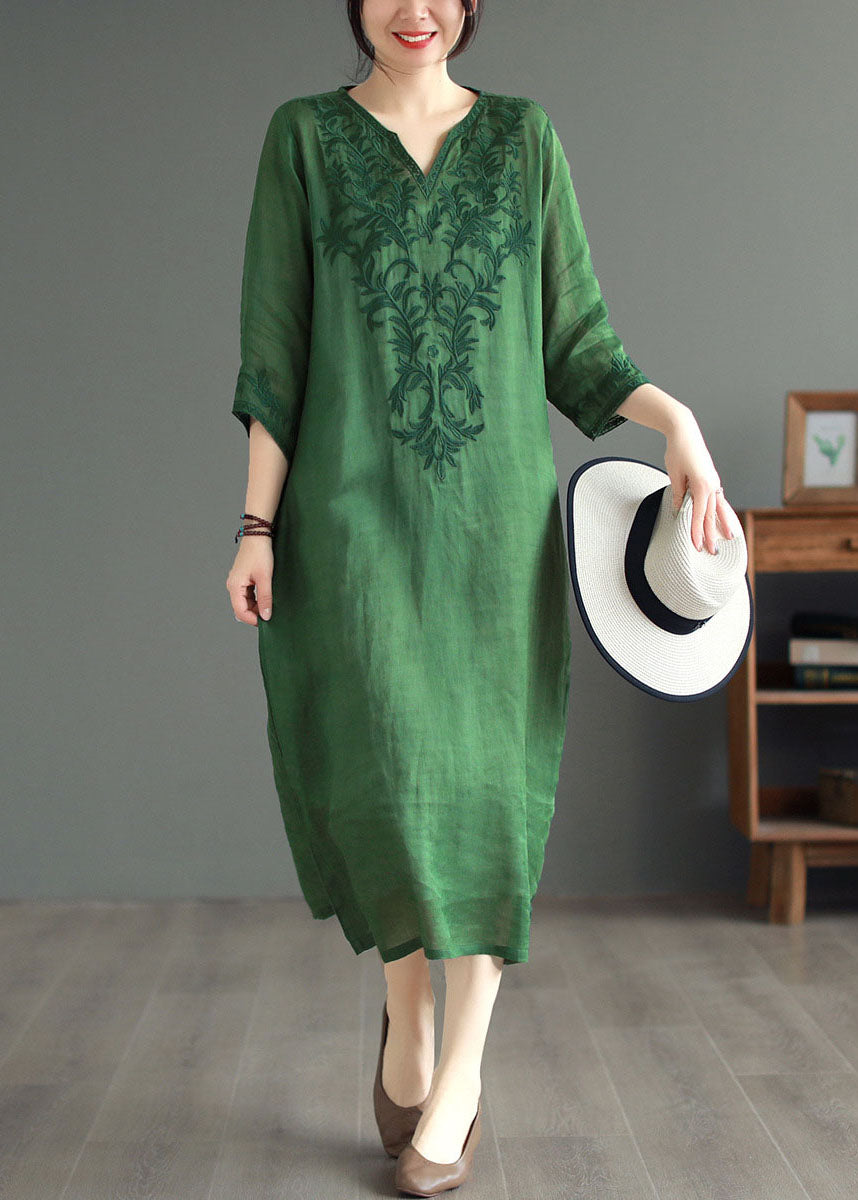 Boutique Green Embroideried Patchwork Linen Dresses Bracelet Sleeve