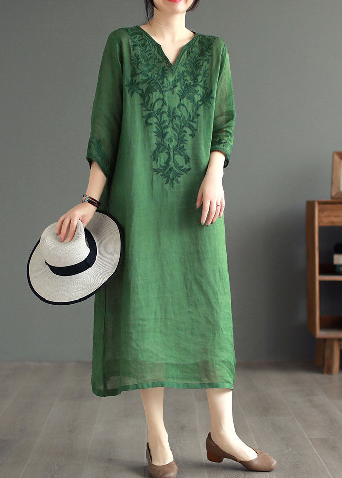 Boutique Green Embroideried Patchwork Linen Dresses Bracelet Sleeve
