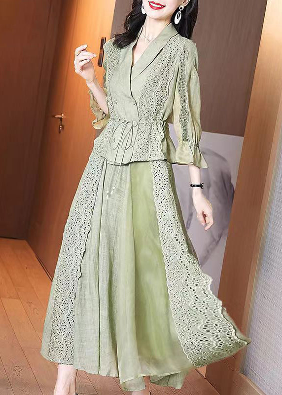 Boutique Green Hollow Out Embroidered Lace Up Cotton Two Piece Set Spring