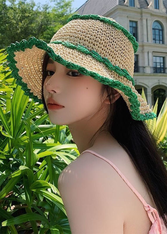 Boutique Green Hollow Out Holiday Straw Woven Bucket Hat