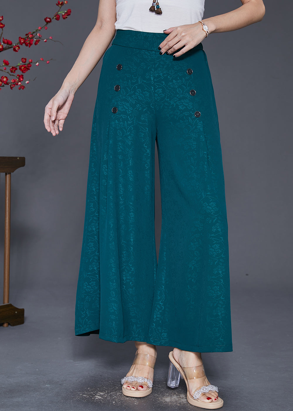 Boutique Green Jacquard Double Breast Silk Wide Leg Pants Fall