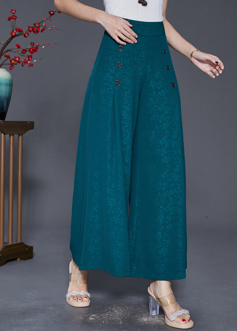 Boutique Green Jacquard Double Breast Silk Wide Leg Pants Fall