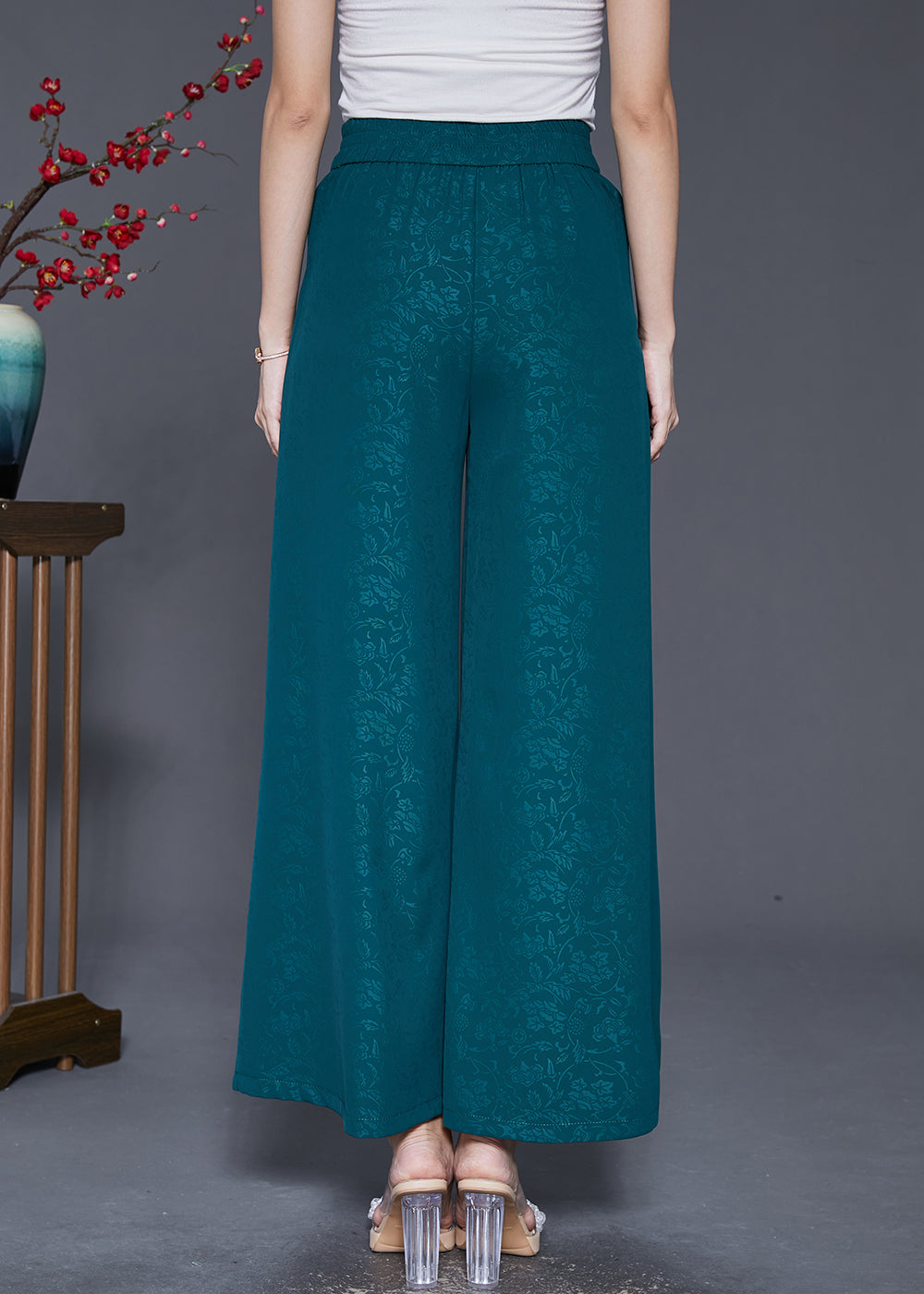 Boutique Green Jacquard Double Breast Silk Wide Leg Pants Fall