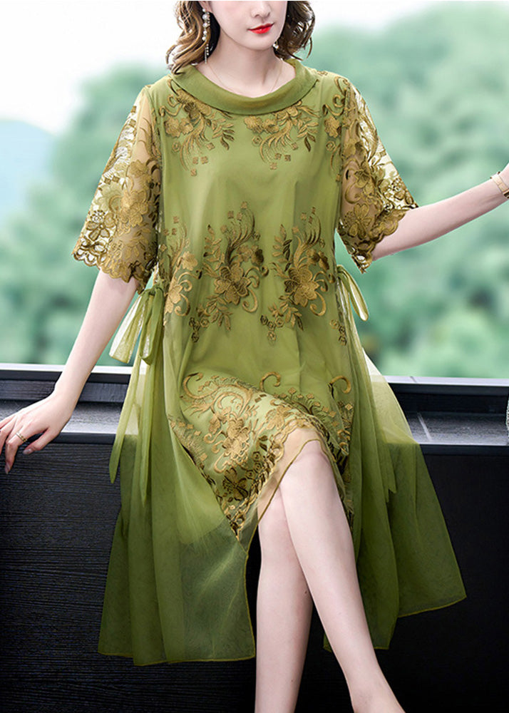 Boutique Green O-Neck Asymmetrical Embroideried Floral Tie Waist Tulle Maxi Dress Summer