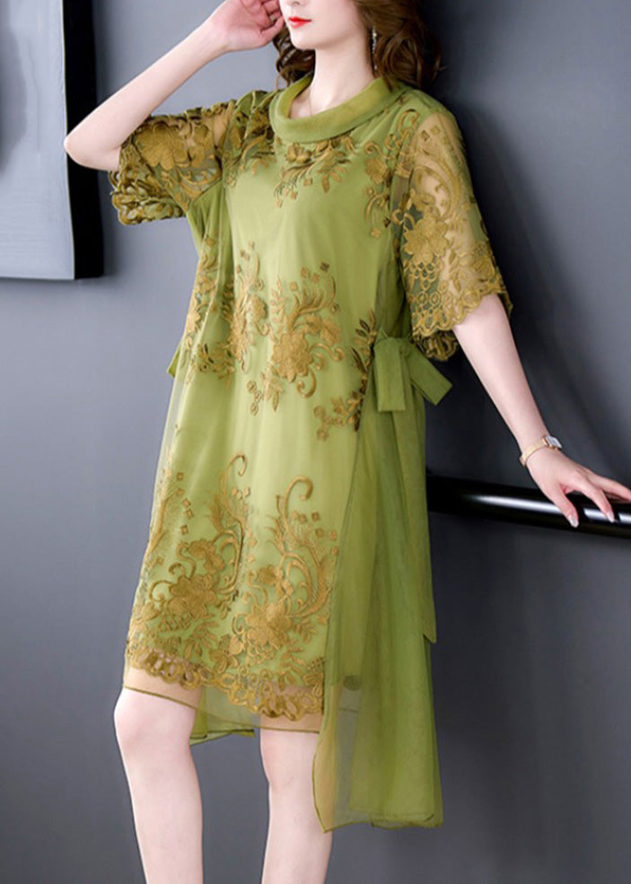 Boutique Green O-Neck Asymmetrical Embroideried Floral Tie Waist Tulle Maxi Dress Summer