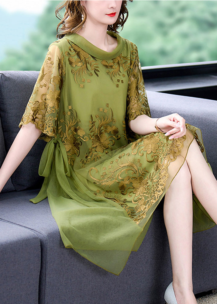 Boutique Green O-Neck Asymmetrical Embroideried Floral Tie Waist Tulle Maxi Dress Summer