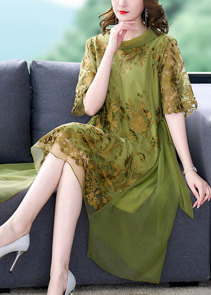 Boutique Green O-Neck Asymmetrical Embroideried Floral Tie Waist Tulle Maxi Dress Summer