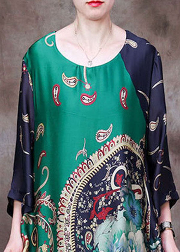 Boutique Green O-Neck Original Design Print Draping Silk Maxi Dress Half Sleeve