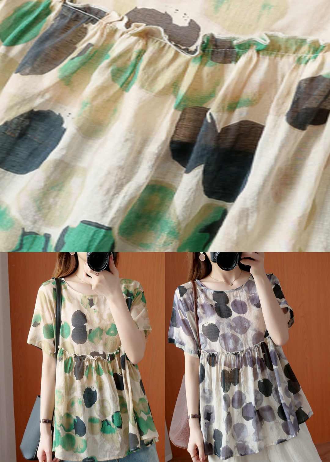 Boutique Green O-Neck Print Blouse Tops Short Sleeve