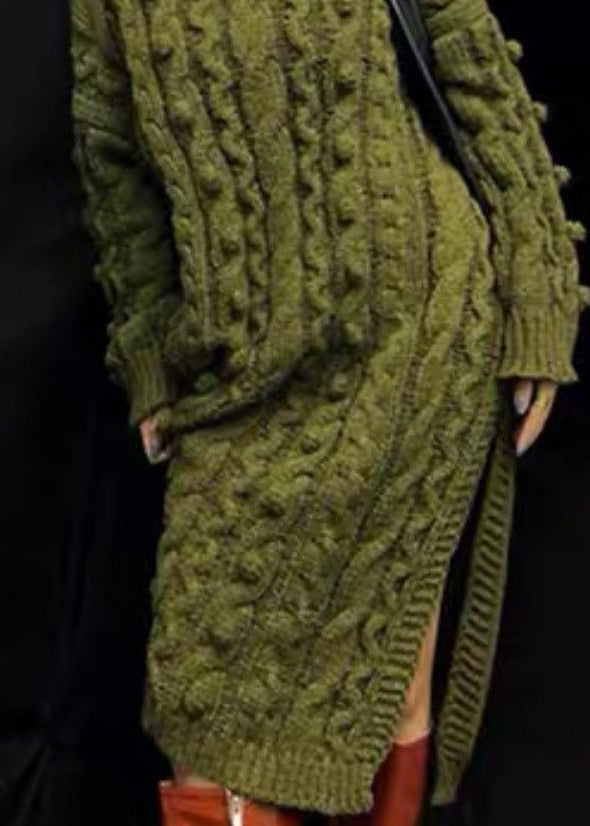 Boutique Green O-Neck Side Open Cable Knit Sweaters Dress Long Sleeve
