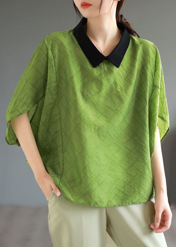 Boutique Green Peter Pan Collar Patchwork Cotton T Shirt Tops Batwing Sleeve