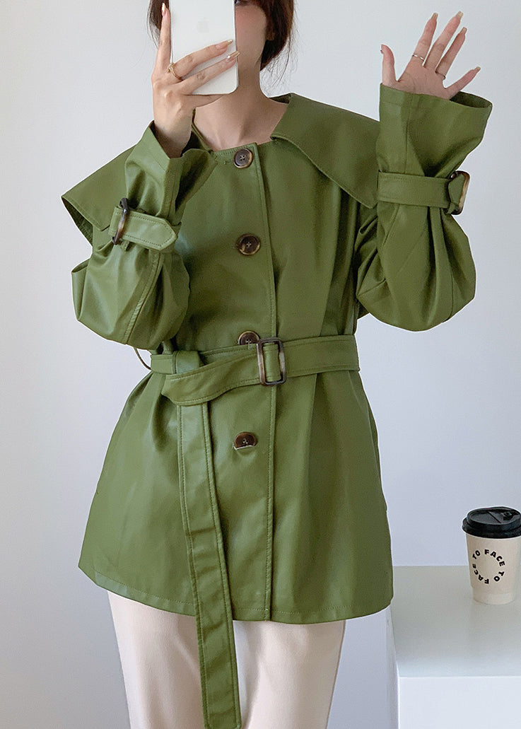 Boutique Green Peter Pan Collar Patchwork Faux Leather Trench Fall