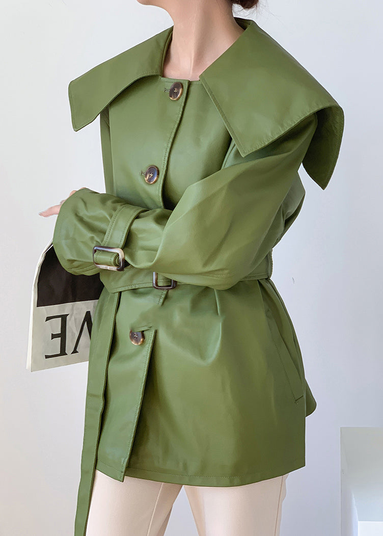 Boutique Green Peter Pan Collar Patchwork Faux Leather Trench Fall