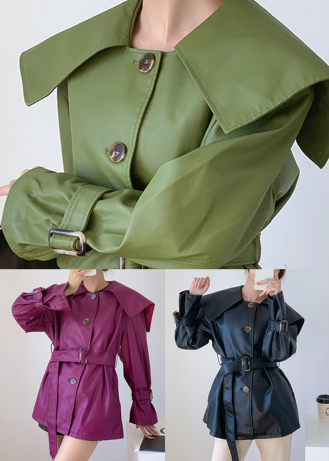 Boutique Green Peter Pan Collar Patchwork Faux Leather Trench Fall