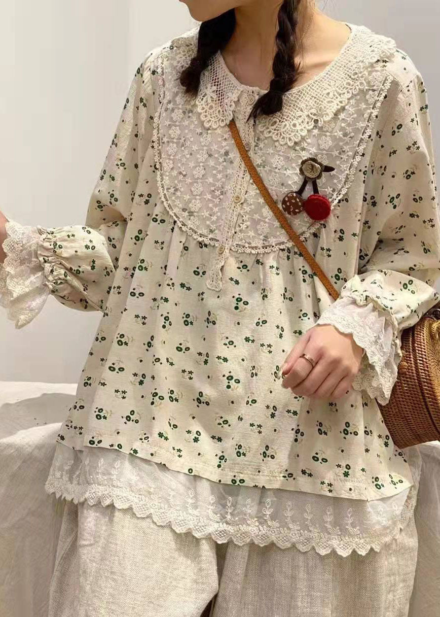 Boutique Green Peter Pan Collar Print Tops Spring