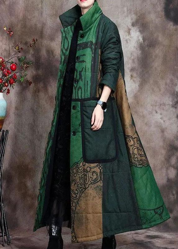 Boutique Green Print Pockets Thick Cotton Winter Long sleeve Coat - Omychic