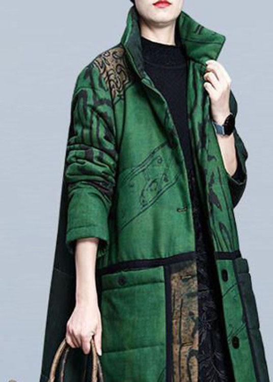 Boutique Green Print Pockets Thick Cotton Winter Long sleeve Coat - Omychic