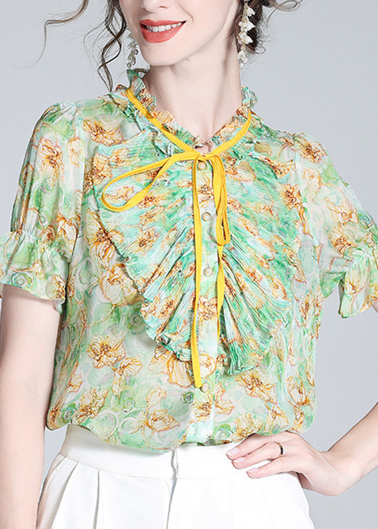 Boutique Green Stand Collar Print Ruffled Neck Tie Silk Top Summer