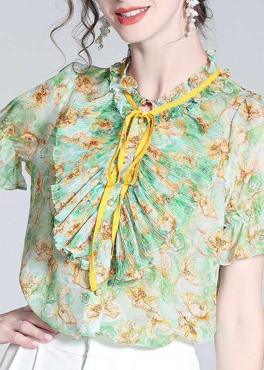 Boutique Green Stand Collar Print Ruffled Neck Tie Silk Top Summer