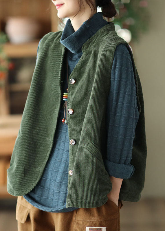 Boutique Green Stand Collar Solid Corduroy Vest Tops Fall