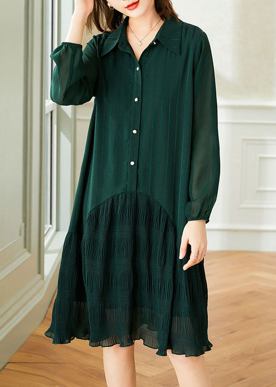 Boutique Green Striped Wrinkled Patchwork Chiffon Shirts Dresses Spring