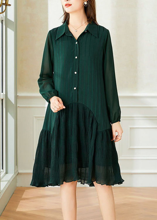 Boutique Green Striped Wrinkled Patchwork Chiffon Shirts Dresses Spring