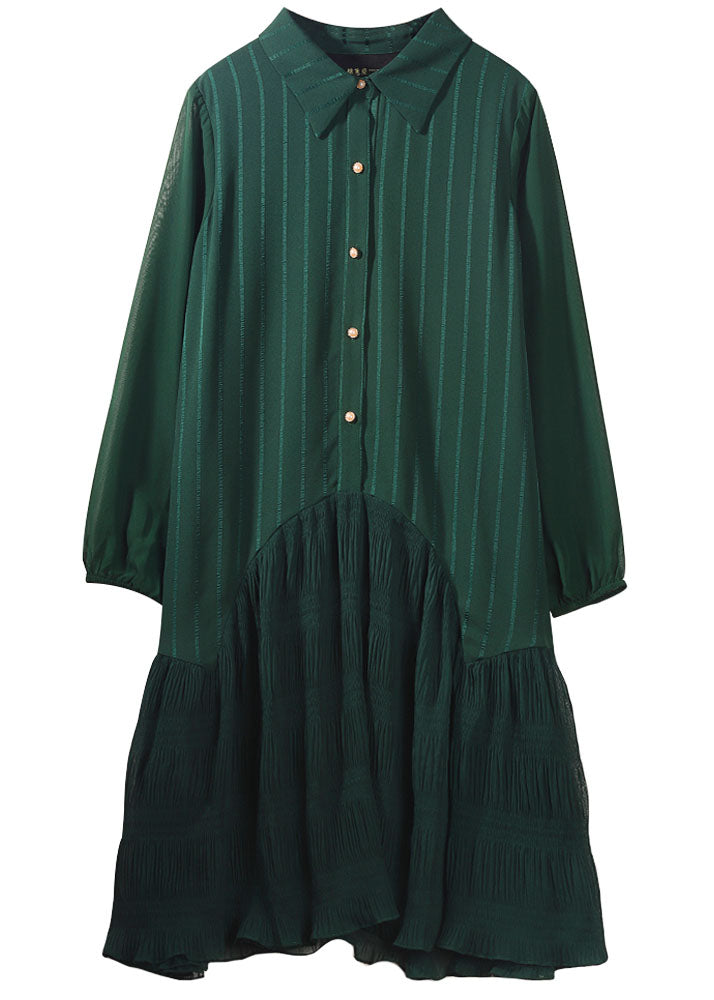 Boutique Green Striped Wrinkled Patchwork Chiffon Shirts Dresses Spring