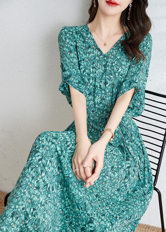 Boutique Green V Neck Print Tie Waist Chiffon Dresses Summer