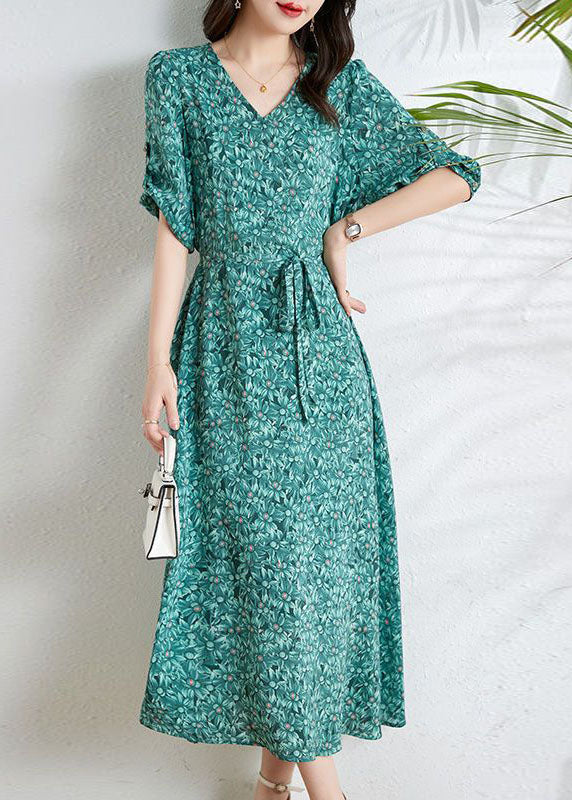 Boutique Green V Neck Print Tie Waist Chiffon Dresses Summer