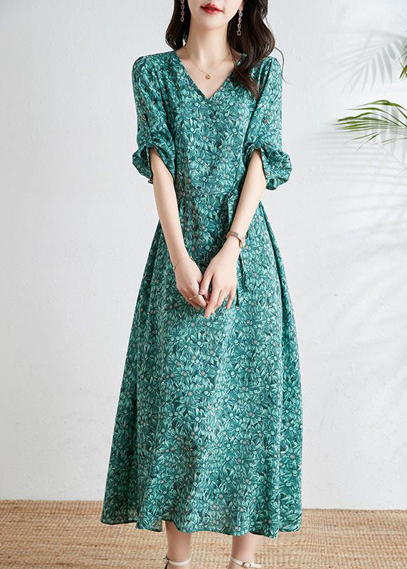 Boutique Green V Neck Print Tie Waist Chiffon Dresses Summer
