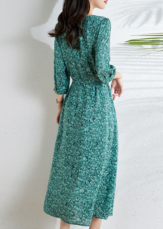 Boutique Green V Neck Print Tie Waist Chiffon Dresses Summer