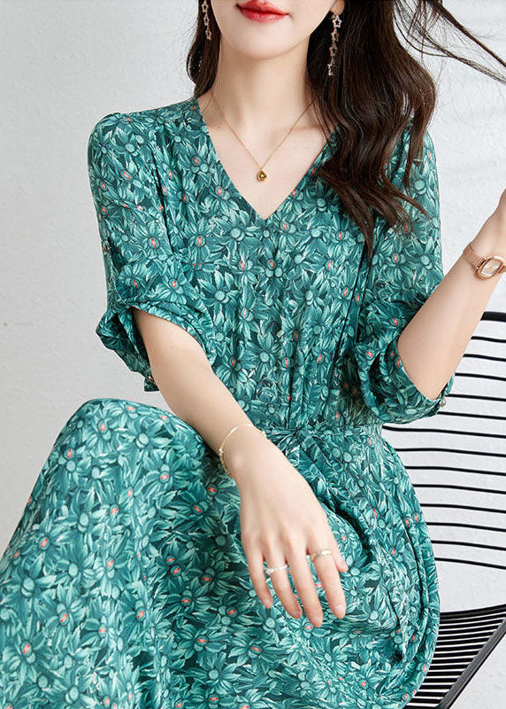 Boutique Green V Neck Print Tie Waist Chiffon Dresses Summer