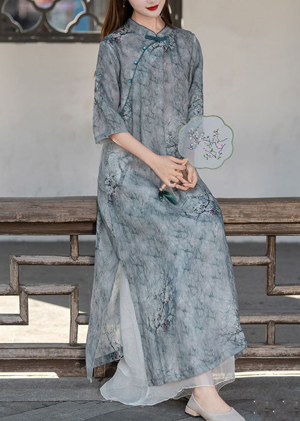 Boutique Grey Stand Collar Print Patchwork Linen Long Dress Summer