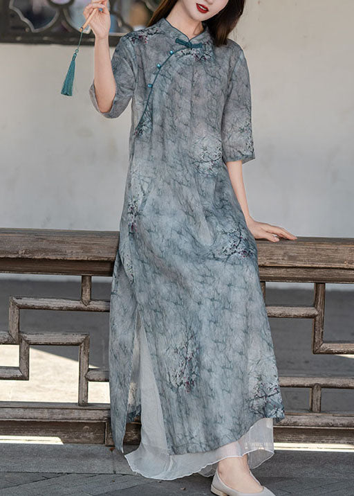 Boutique Grey Stand Collar Print Patchwork Linen Long Dress Summer