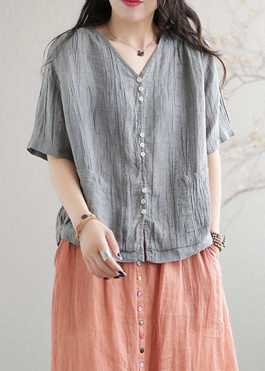 Boutique Grey V Neck Linen T Shirt Short Sleeve
