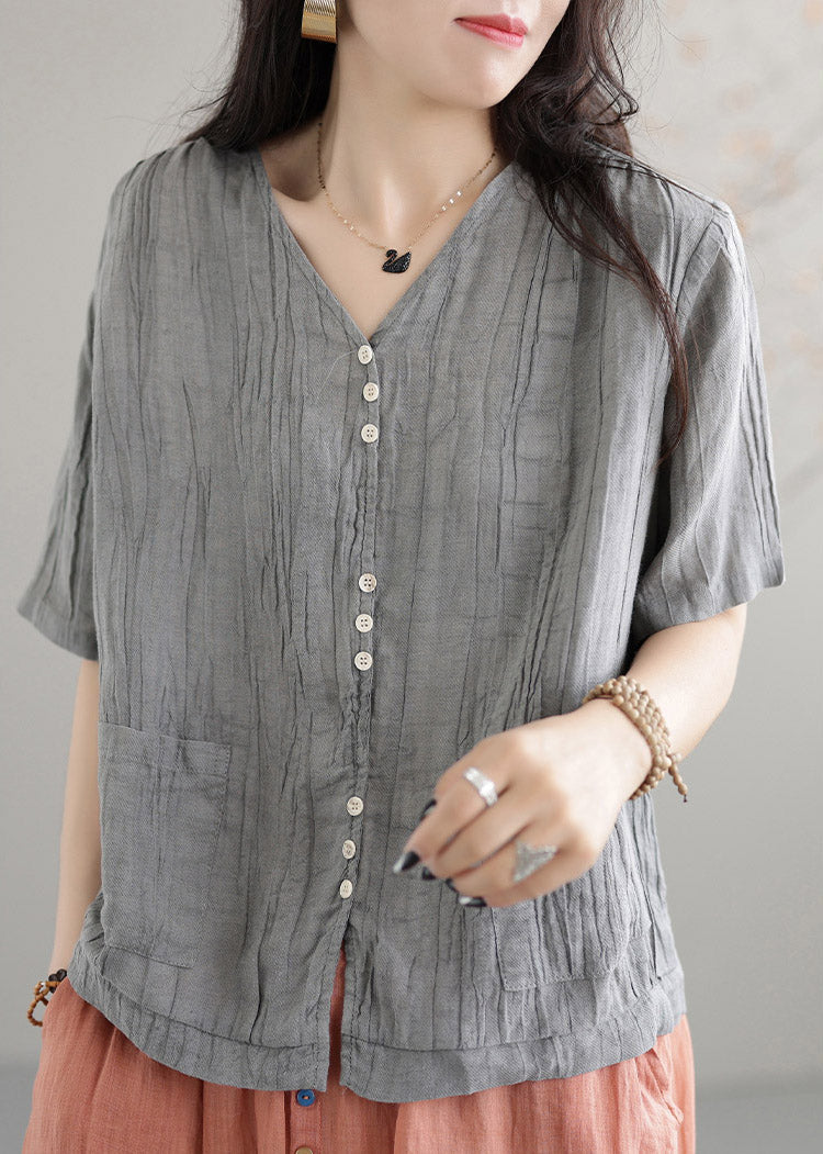 Boutique Grey V Neck Linen T Shirt Short Sleeve