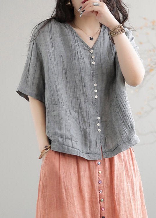 Boutique Grey V Neck Linen T Shirt Short Sleeve