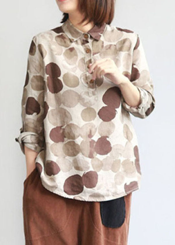 Boutique Khaki Peter Pan Collar Coffee Dot Print Linen Shirt Tops Long Sleeve
