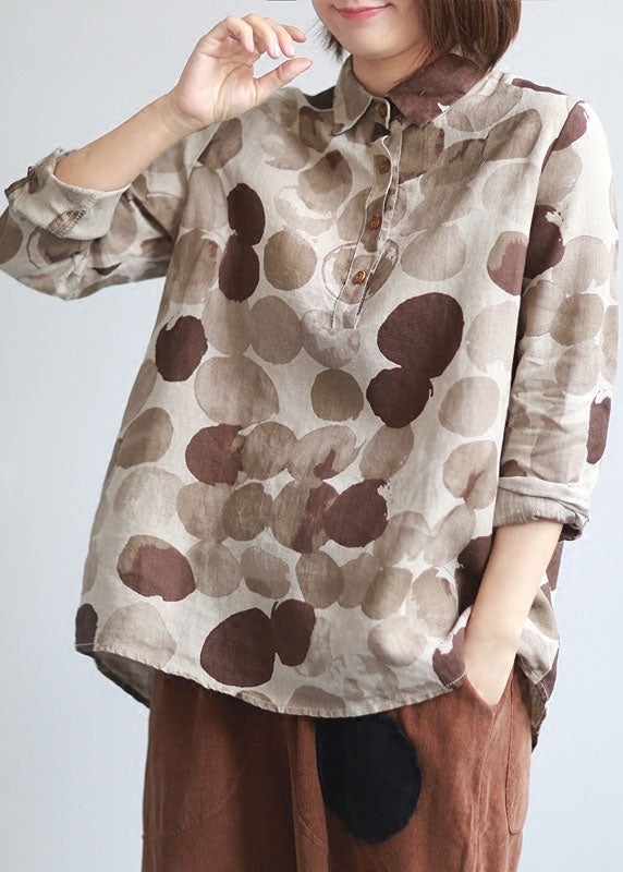 Boutique Khaki Peter Pan Collar Coffee Dot Print Linen Shirt Tops Long Sleeve