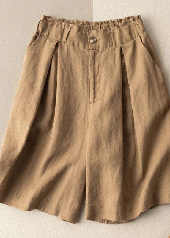 Boutique Khaki Pockets elastic waist zippered Linen Wide Leg Pants Summer