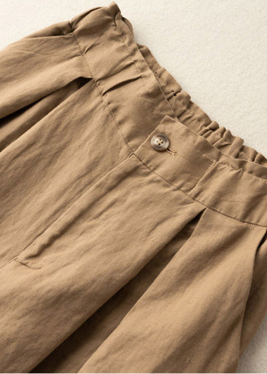 Boutique Khaki Pockets elastic waist zippered Linen Wide Leg Pants Summer