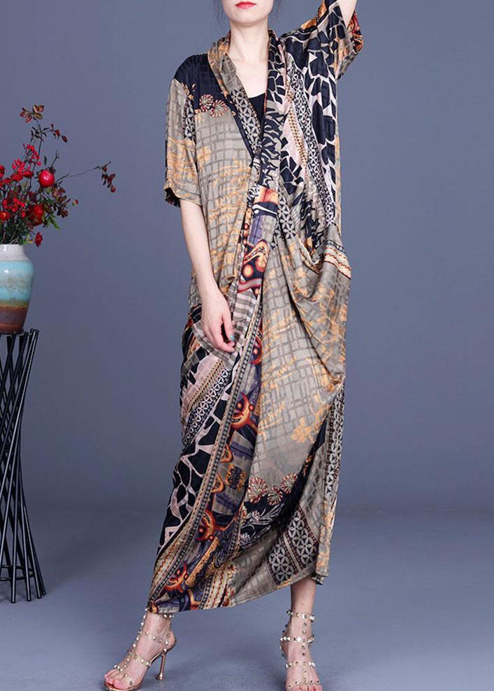 Boutique Khaki Print Overlapping asymmetrical design Silk Summer Maxi Dress - Omychic