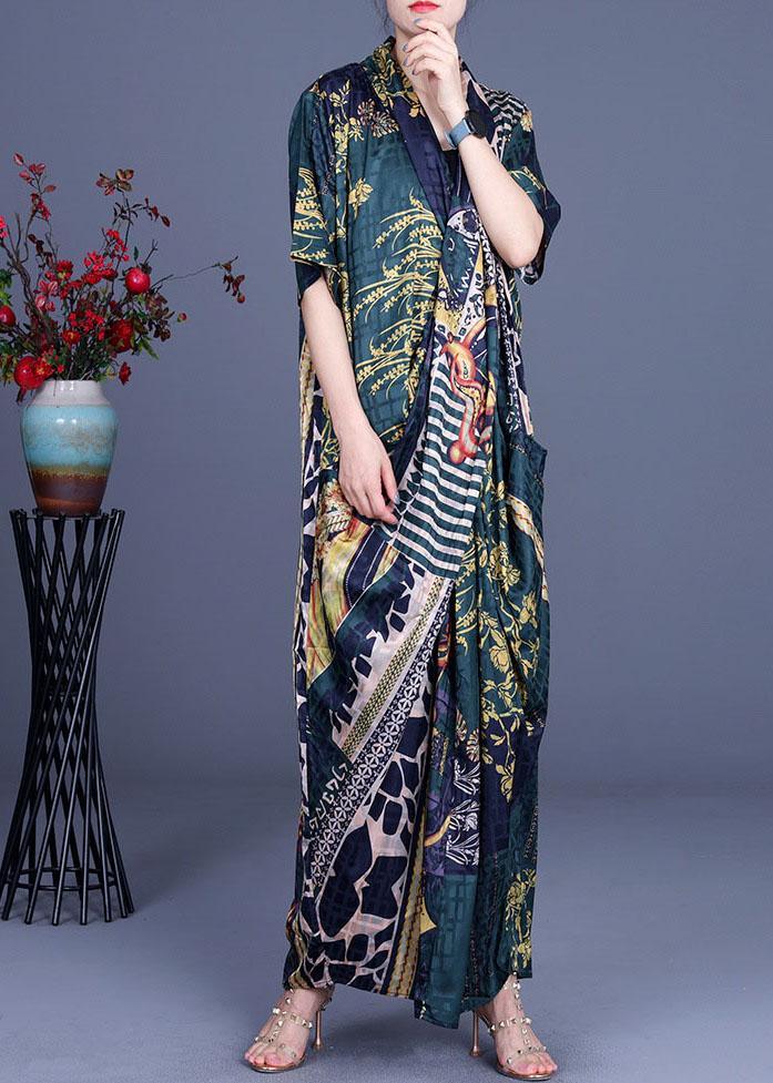 Boutique Khaki Print Overlapping asymmetrical design Silk Summer Maxi Dress - Omychic