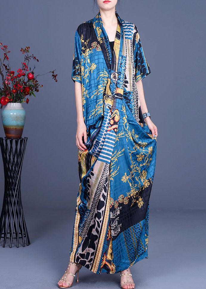 Boutique Khaki Print Overlapping asymmetrical design Silk Summer Maxi Dress - Omychic