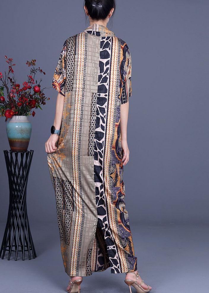 Boutique Khaki Print Overlapping asymmetrical design Silk Summer Maxi Dress - Omychic