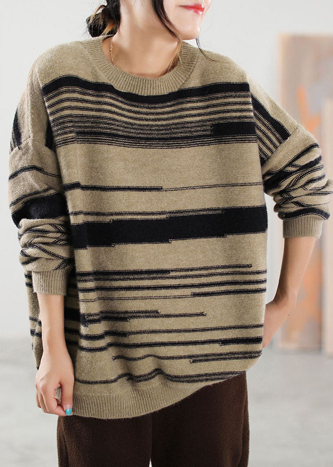 Boutique Khaki Striped Knit Sweater Tops Winter