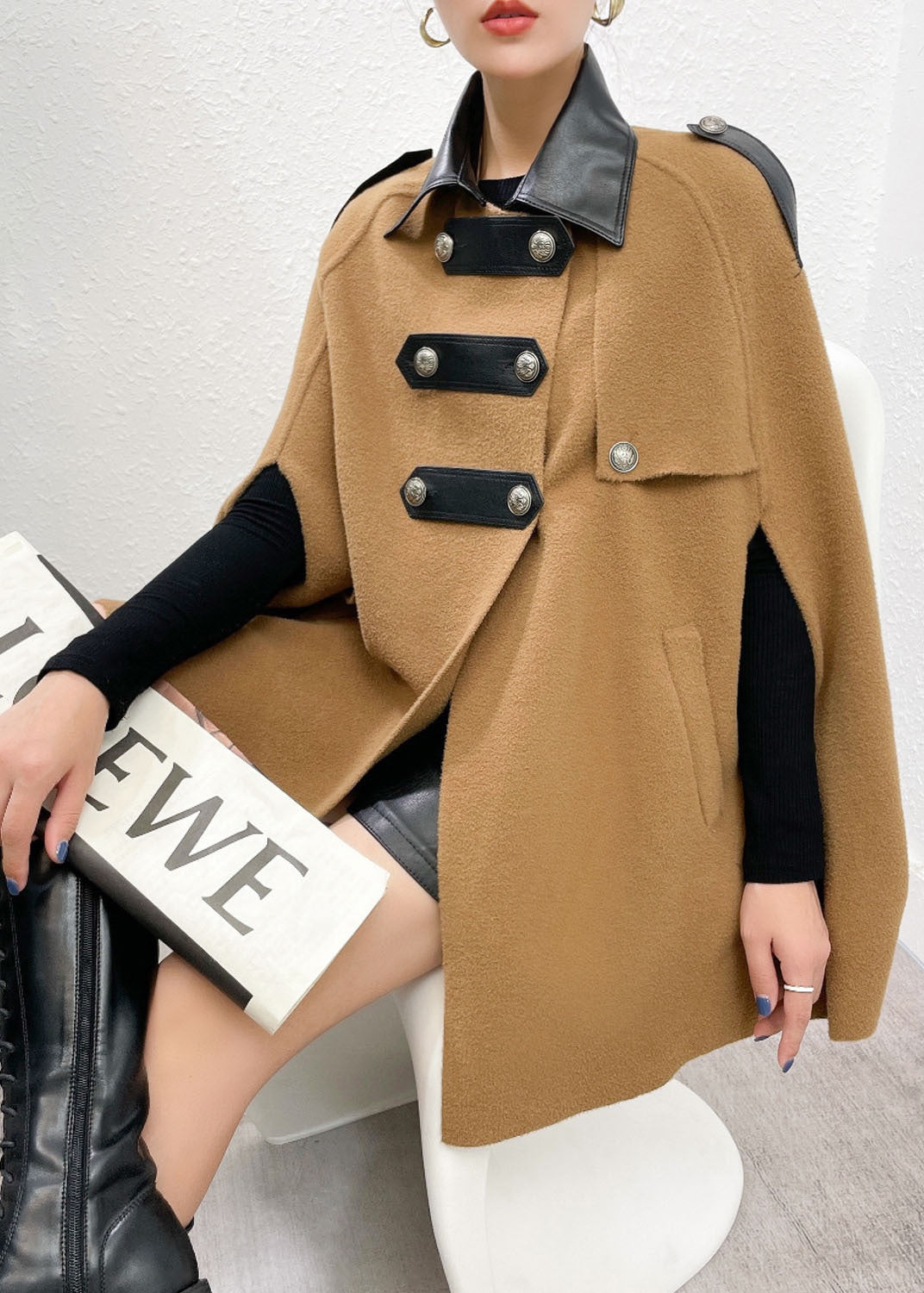 Boutique Khaki Turn-down Collar Faux Leather Patchwork Woolen Coats Winter