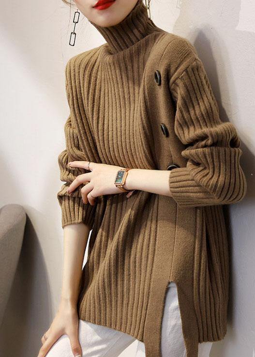 Boutique Khaki Turtleneck Thick Fall Winter Knit Sweater - Omychic