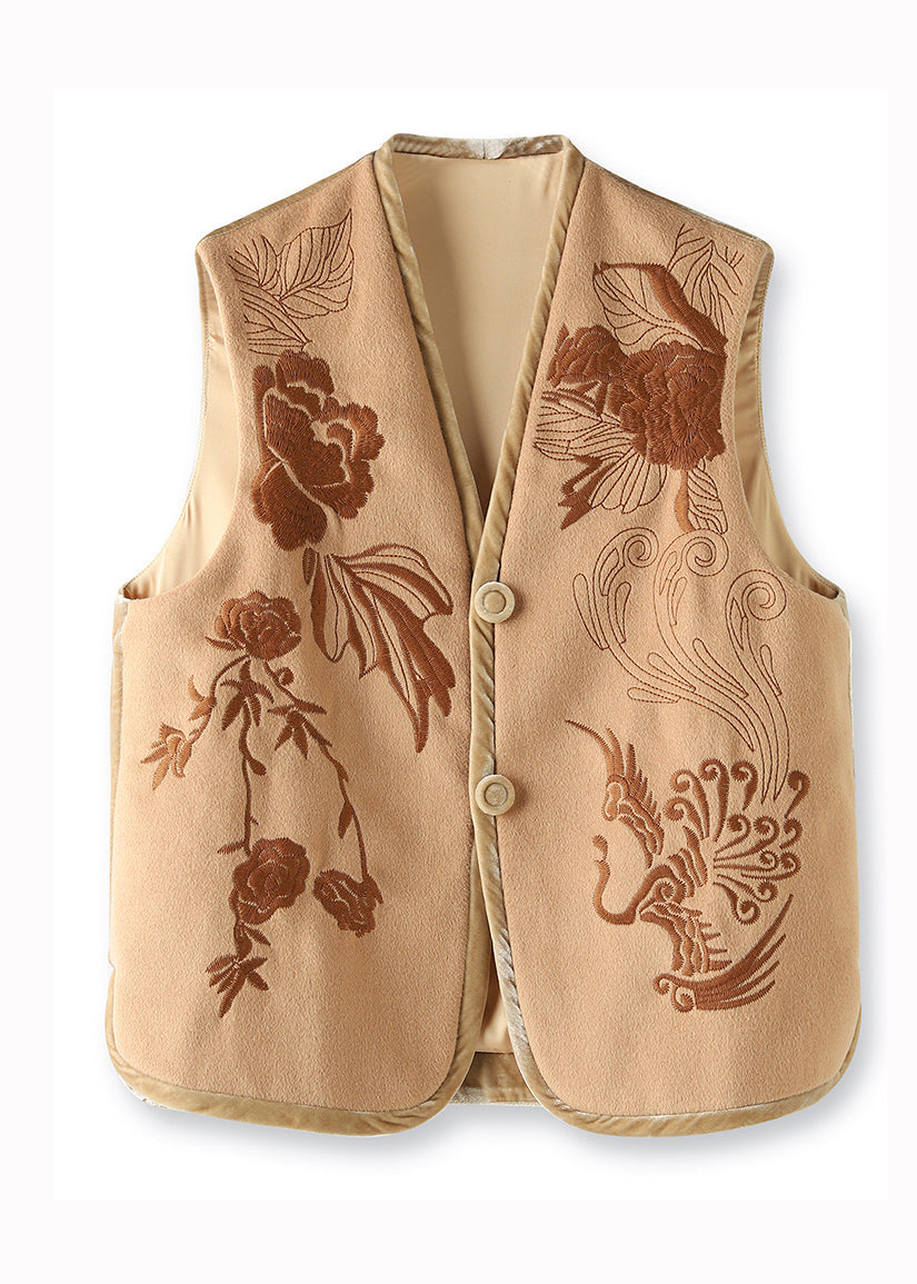 Boutique Khaki V Neck Embroideried Patchwork Woolen Vest Sleeveless